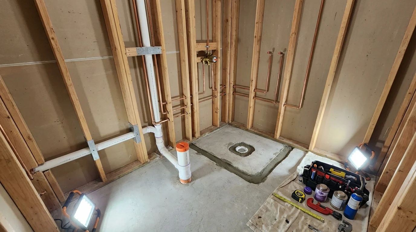 Bathroom rough-in plumbing during remodel by Johns Plumbing LLC in Westerly