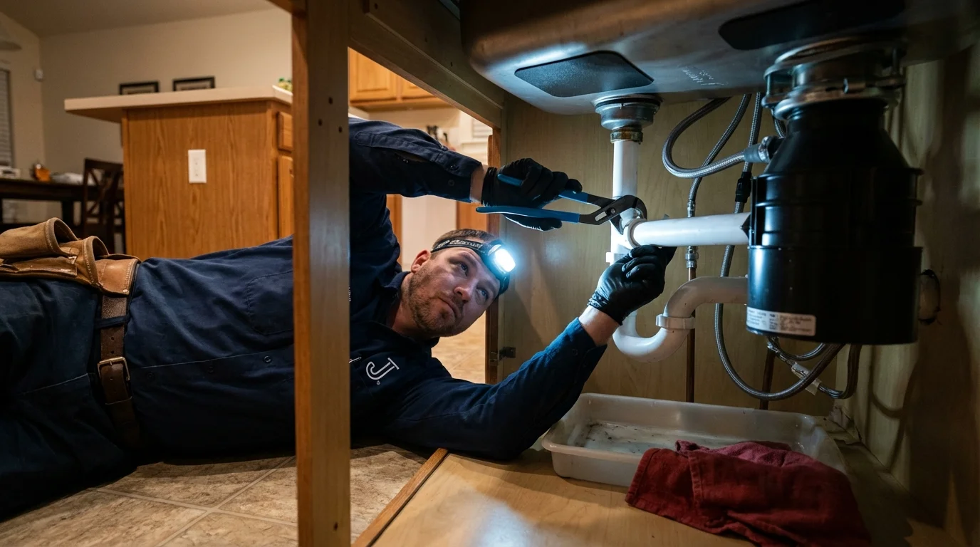 P-trap and supply line connections under a kitchen sink showing a common leak point in Westerly, RI